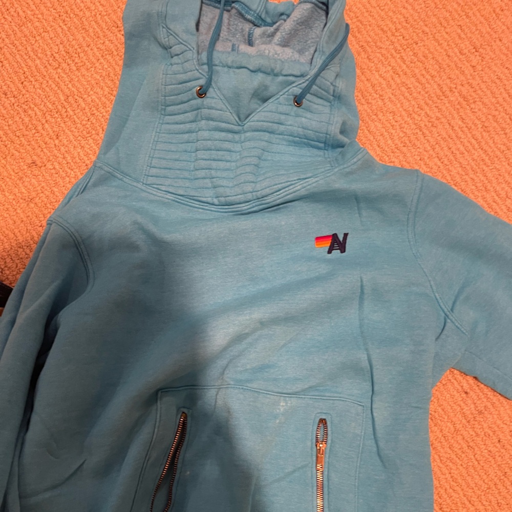 Aviator Nation Turquoise Blue Hoodie with Logo/ washed with lite discoloration